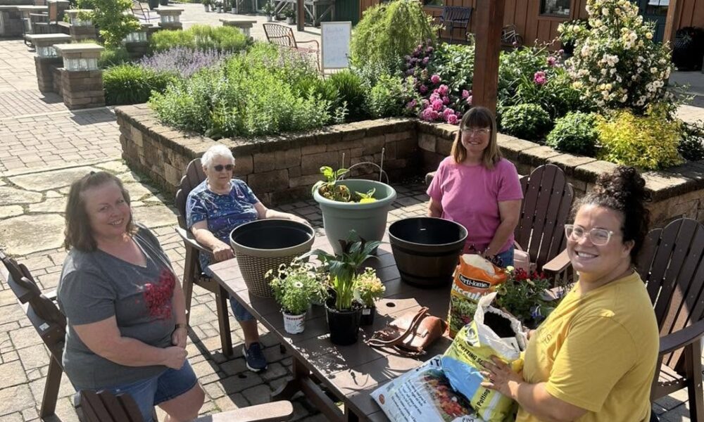 Four women smiling and gardening together at an outdoor table on a sunny day.